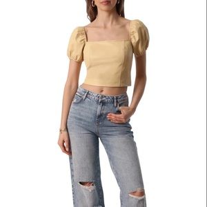 7 For All Mankind Top 7FAM Cream Faux Leather Puff Sleeve Corset Crop Top Medium